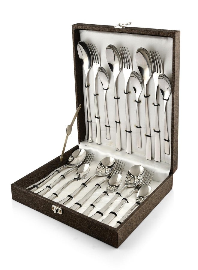 FnS Slim Line Stainless Steel Cutlery Set with Leatherette Box - 18 Pcs Set (6 Dinner Spoons, 6 Dinner Forks, 6 Teaspoons) - Image 1